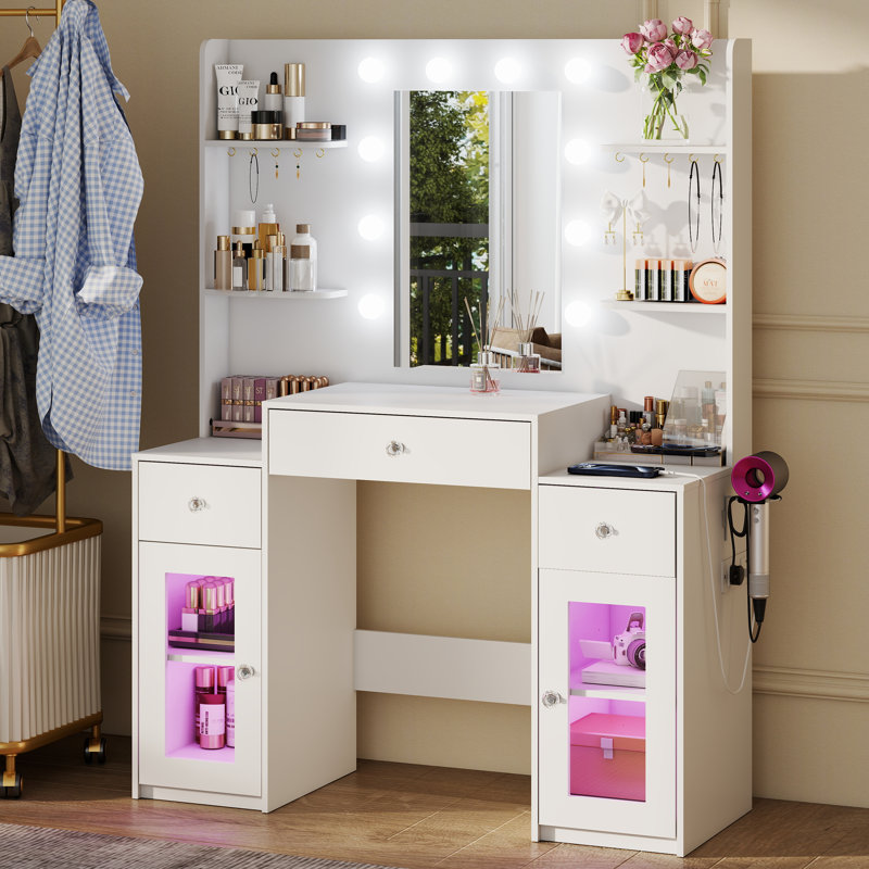 White Dressing Table With 3 Drawers 2 Cabinets Vanity Table With Mirror Bulbs, Charging Station Hairdryer Holder Makeup Vanity Desk