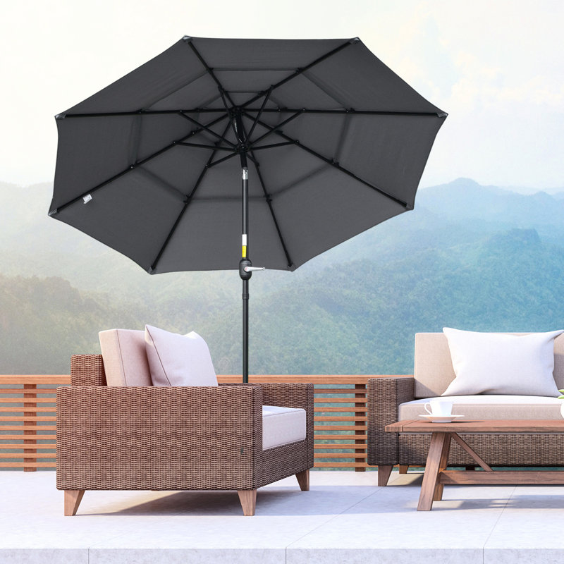 Parasol extérieur gris foncé, avec manivelle fusionnée et inclinaison à bouton-poussoir pour terrasse de jardin pelouse, surfaces