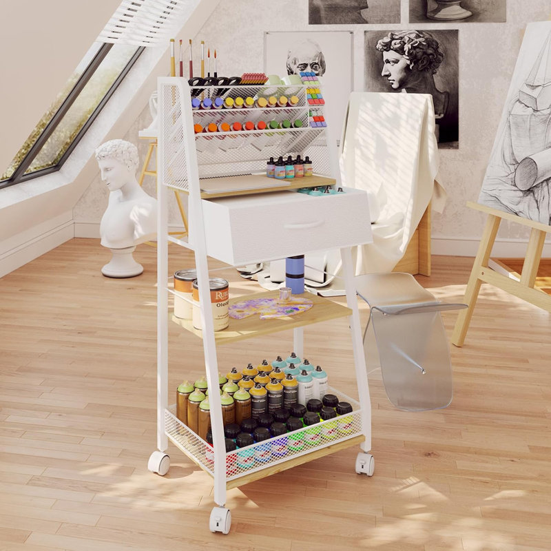 3 Tier Rolling Cart - Metal Utility Cart With Storage Drawer And Wheels, Versatile Art & Craft Organizer For Home, Office, Or Studio - Ideal For Storing Brushes, Paints, And Supplies