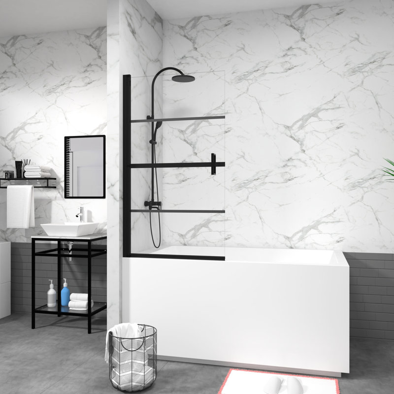 Porte de douche 180 pivotante, 55 po de hauteur x 31,5 po de largeur, noire, verre trempé