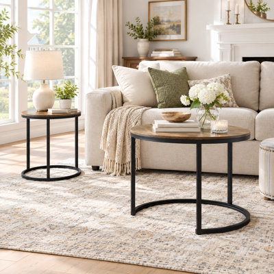 Ensemble de 2 tables basses gigognes rondes avec structures métalliques robustes, tables d'appoint modernes de style industriel pour salon, chambre, appartement et petits espaces