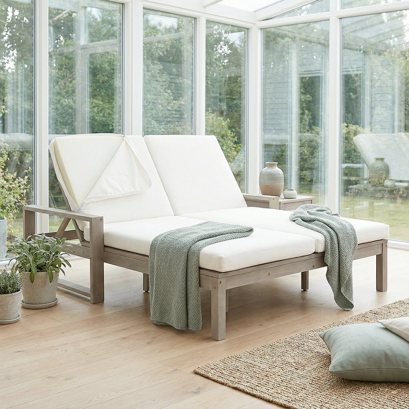 Adjustable Outdoor Double Lounge Chair With Cushions - Solid Wood Patio Chaise For Poolside, Garden, Or Balcony, Gray