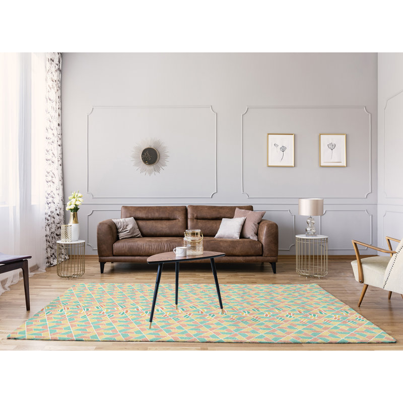 Tapis jaune/bleu clair/saumon trapézoïdals, Rectangle 8 pi x 10 pi