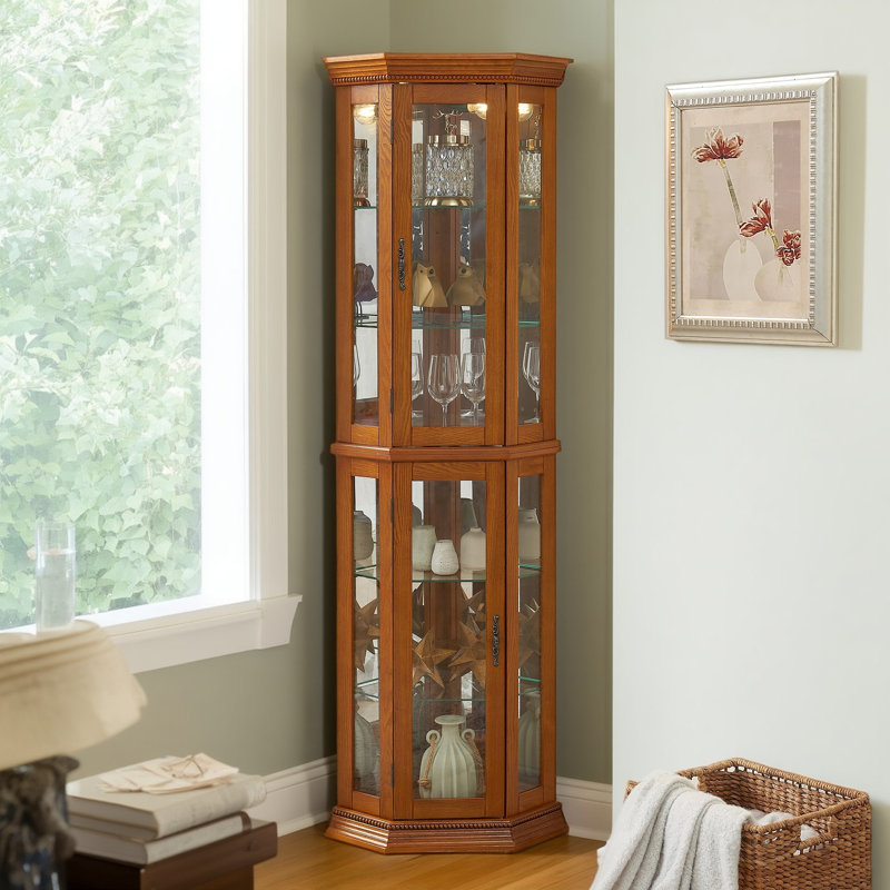 Corner Curio Cabinet with Light And adjustable Shelf , Brown