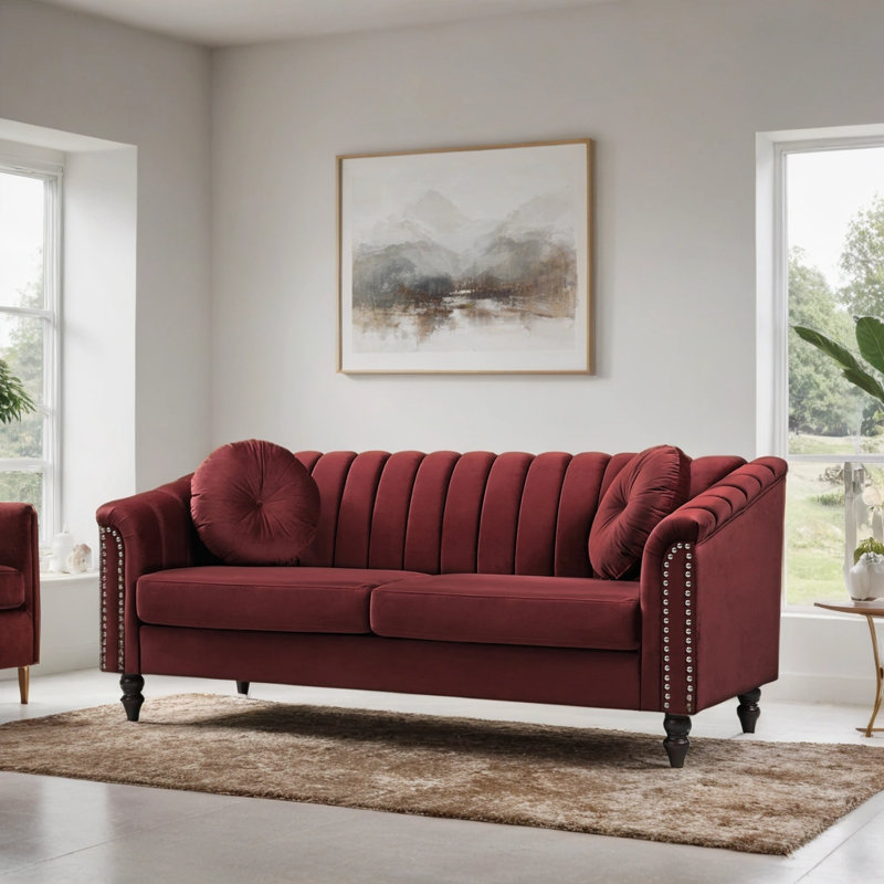 75" Upholstered Classic Chesterfield Sofa, Red