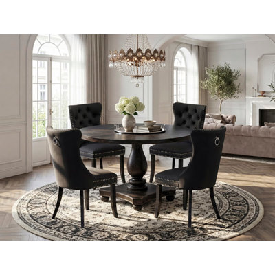 5-Piece Dining Set with Faux Leather 4 Dark Gray upholstered dining chairs, Button-Tufted Backs, and a 48"Round breakfast Table in Sand Blasted Black Finish.