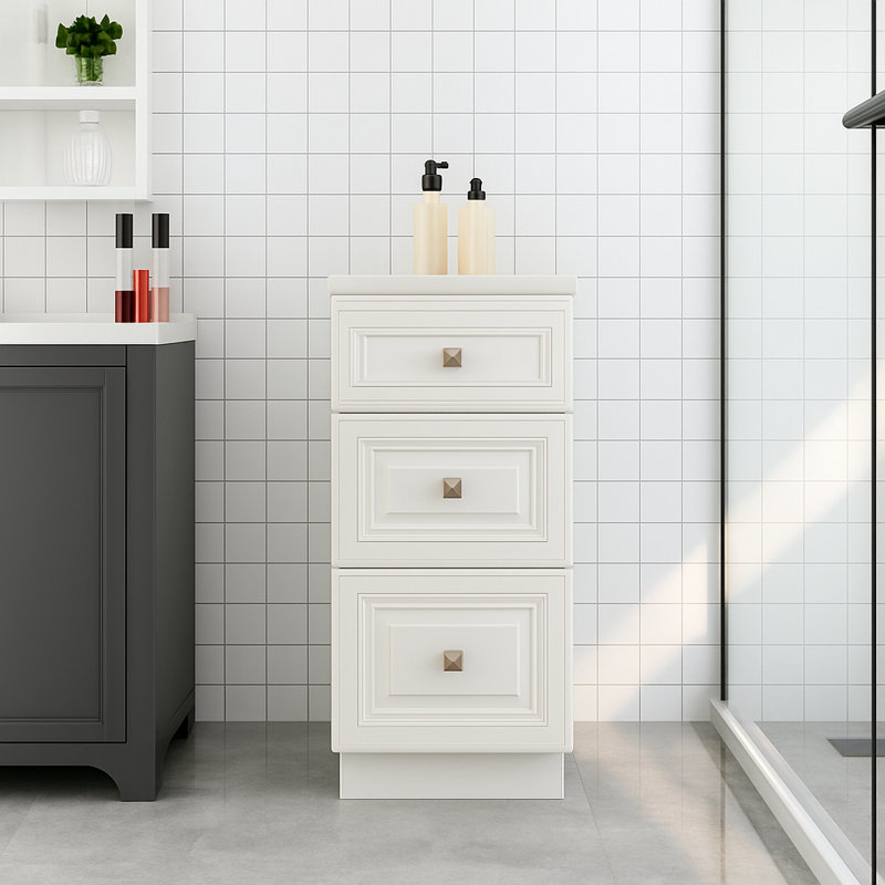 Armoire de meuble-lavabo 18 po à 3 tiroirs, prête à assembler, Blanc antique
