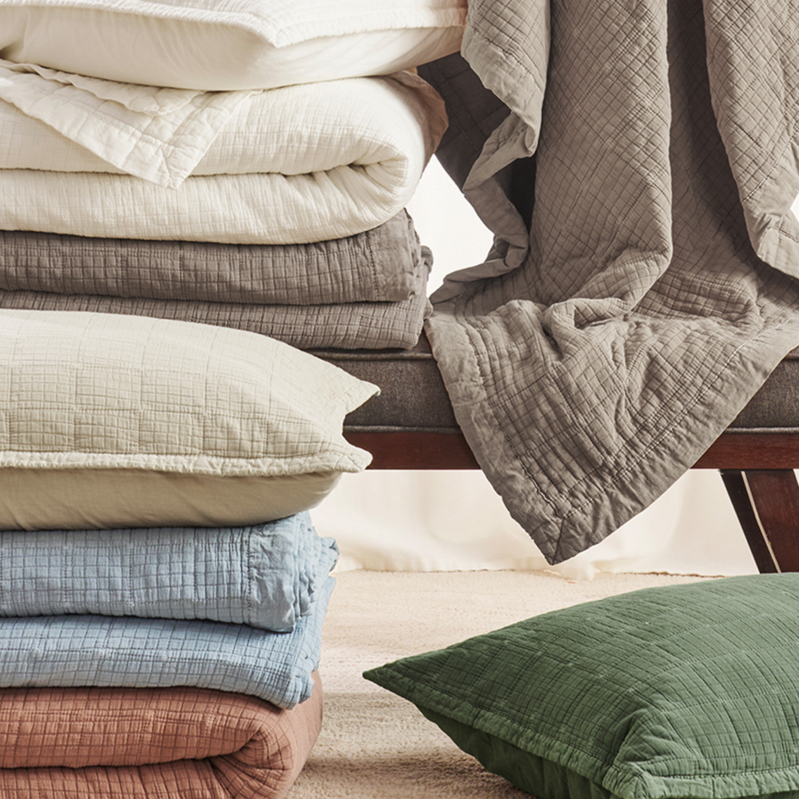 Stonewashed Crinkle Cotton Box Stitch Quilt Set, Truffle Taupe Brown, King Quilt + 2 King Shams
