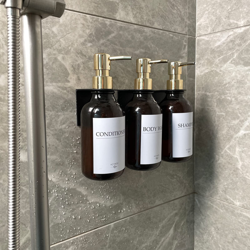 Lot de 3 distributeurs muraux pour douche, sans perçage, 16 étiquettes étanches, distributeur de shampoing et revitalisant pour la douche, salle de bain, 500 ml, ambre doré