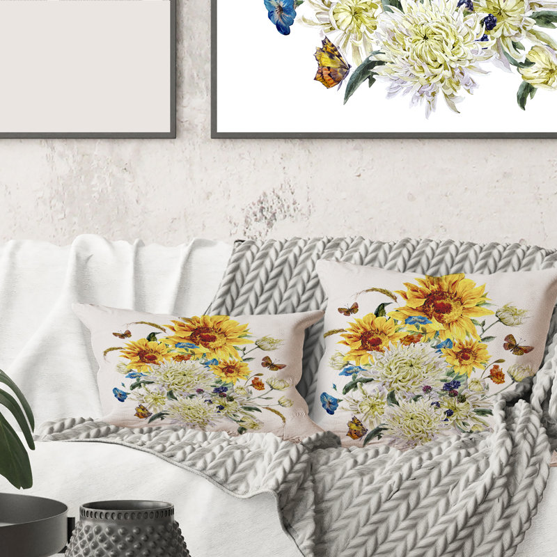 Coussin décoratif rectangulaire, vintage, chrysanthèmes et tournesols
