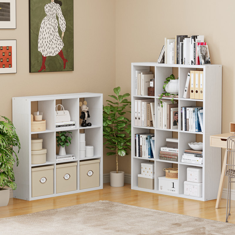 Bibliothèque à 9 compartiments avec rangement à 9 cubes, tablette robuste pour le salon, bureau à domicile blanc, Blanc