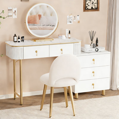 This makeup vanity desk with mirror and lights also includes a stylish matching vanity stool.
