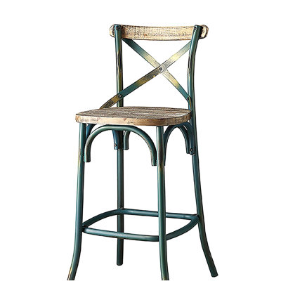 Tabouret de bar azur antique et chêne antique, avec dossier croisé