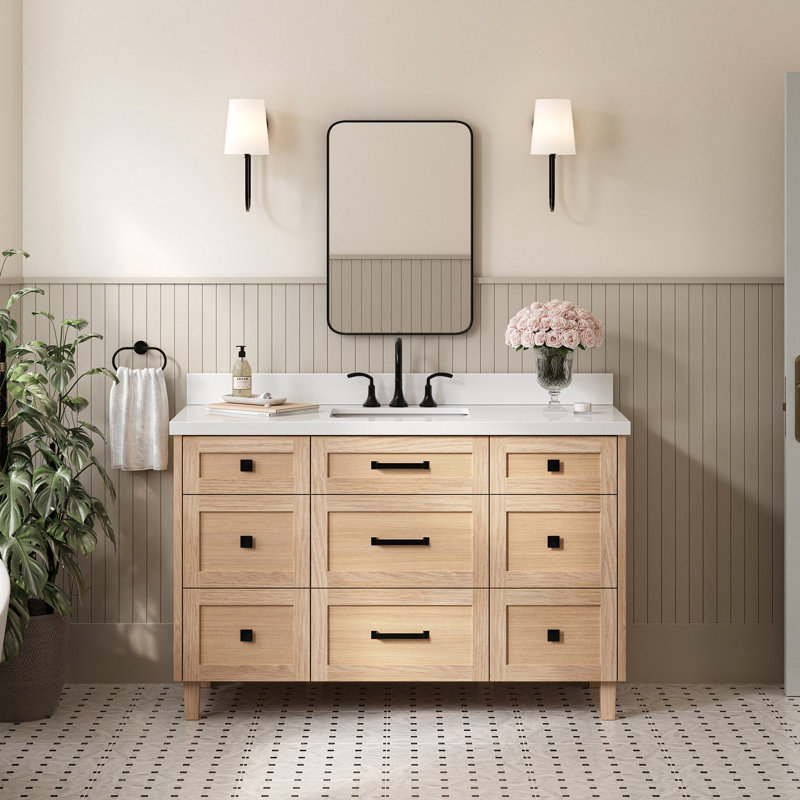 Meuble-lavabo ARIEL Monroe de 55 po en chêne massif avec lavabo simple et comptoir en quartz blanc pur de 1,5 po, lavabo rectangulaire central
