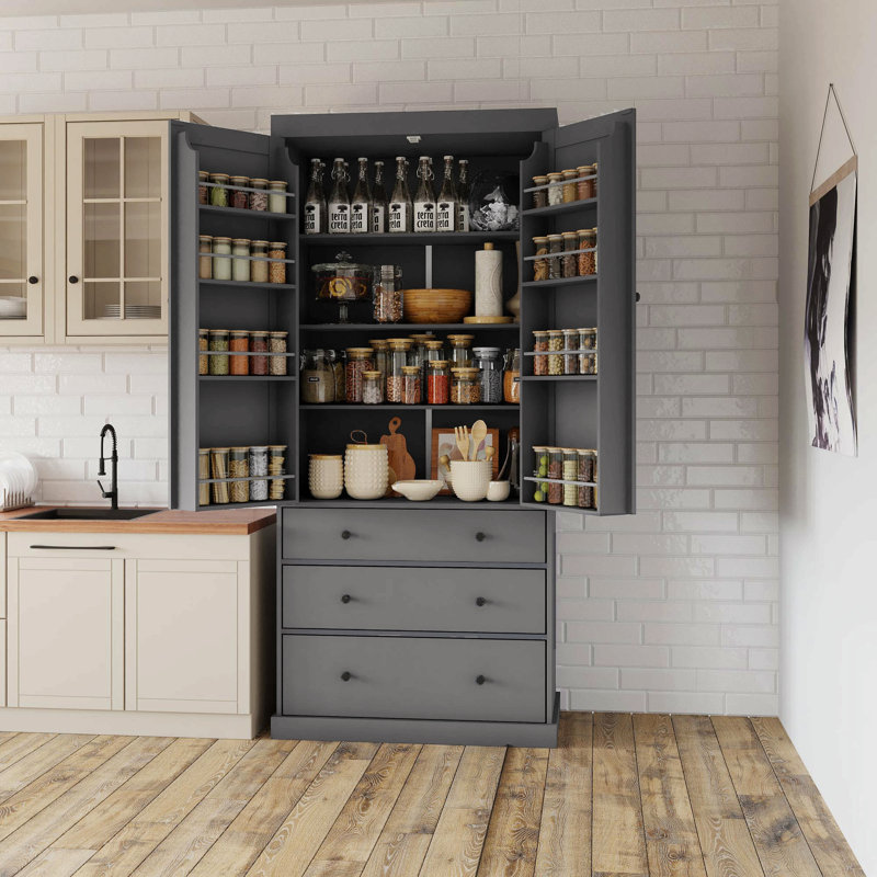 Garde-manger de ferme avec 3 tablettes réglables, 8 tablettes de porte et 3 tiroirs pour un rangement et une organisation polyvalents