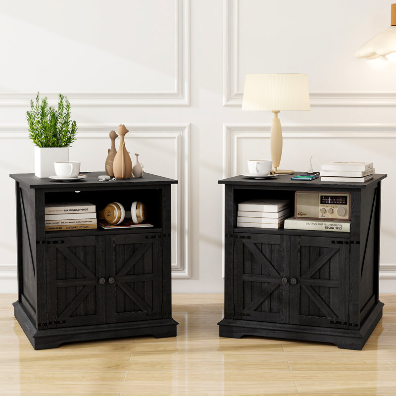  Gracie Oaks 24" Multifunctional Side Table with Charging Station & Barn Door, Black, 2