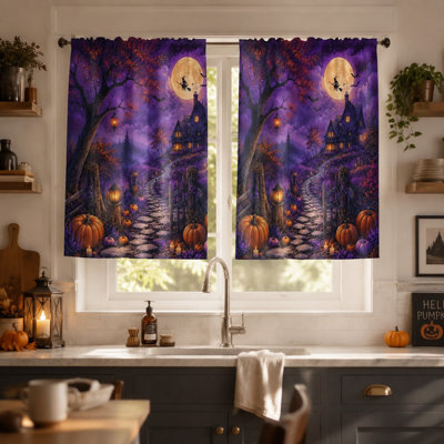 2Pcs Halloween Witch House Curtains, Spooky Haunted Moonlit Night Scene Window Drapes, Light Filtering Curtain for Living Room Bedroom Kitchen Outdoor Decor, Wall, Home