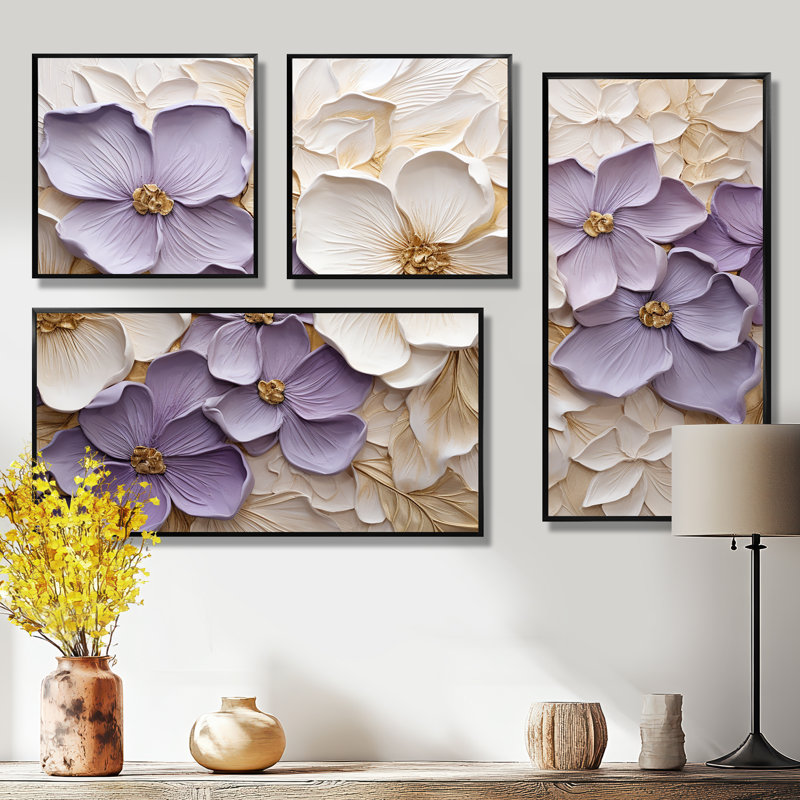 Violet et blanc, minimalisme, violettes - Violettes, reproduction d'art sur toile, 4 pièces, Noir