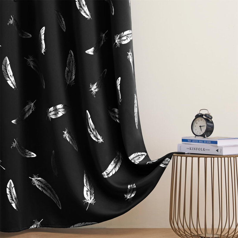 2‑Panel Blackout Curtains, Silver Foil Feather Print, 52"W x 84"L (Pack of 2), Black