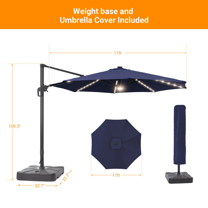 Parasol lumineux en porte-à-faux 11 pi Moriceau, Bleu marine