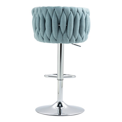 Adjustable Counter Height Bar Chairs Of 2 - 360 Swivel, Blue Fabric With Woven Back & Footrest For Cafe, Kitchen, Pub Swivel Stools   2  And Footrest, Kitchen Island,