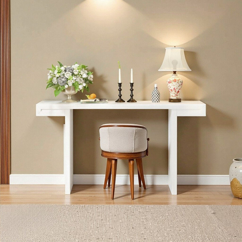 60-Inch MDF Console Table with Geometric Design and Adjustable Feet for Living Room Entryway Hallway, White