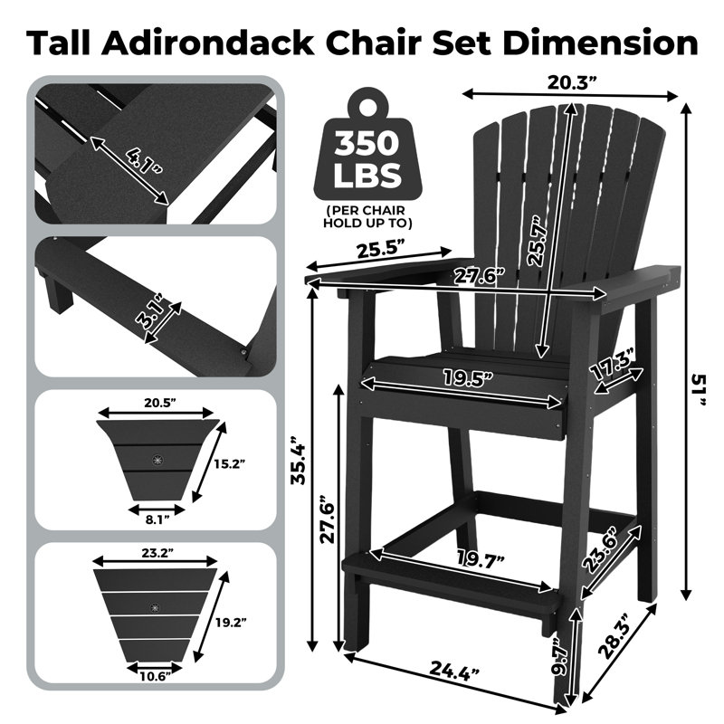 Weather-Resistant Recycled Poly Adirondack Bar Height Chairs Set of 2 with Connecting Tray – Tall Outdoor Patio Seating, Durable High Back, Easy Assembly – Black