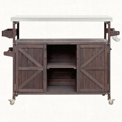 Outdoor Kitchen Island, Rolling Bar Cart & Storage Cabinet, Farmhouse Solid Wood Outdoor Grill Table with Stainless Steel Top, Spice Rack , Towel Rack for Kitchen & Barbecue