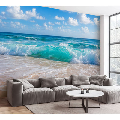 Papier peint adhésif auto-adhésif Sea Ocean Waves Foam Surf Blue Sky Clouds Sandy Beach
