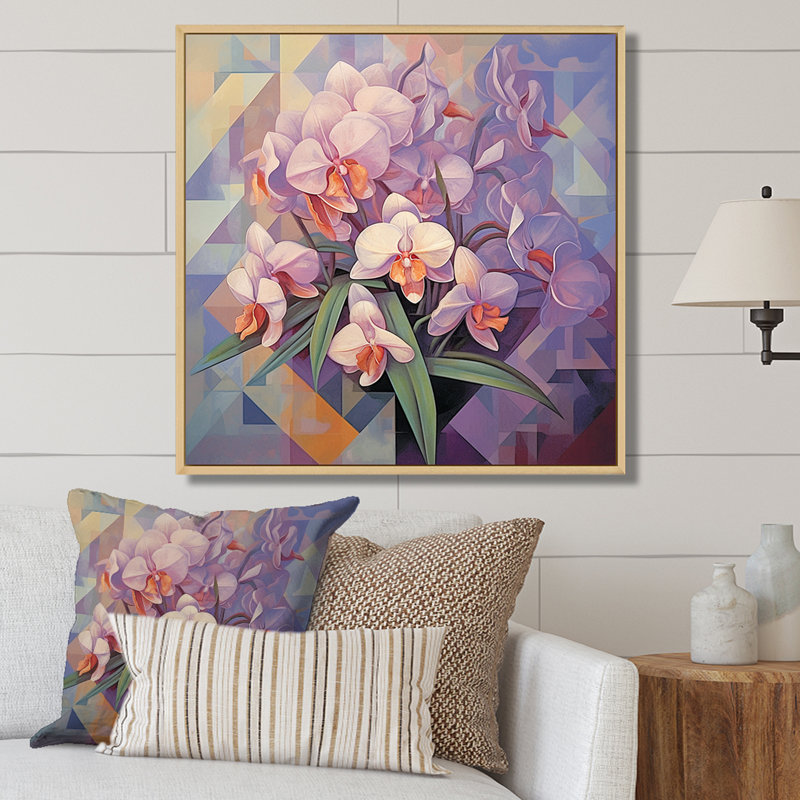 Élégante géométrie, bouquet mauve sur toile, Cadre naturel flottant, H 16 po x l 16 po x P 1 po