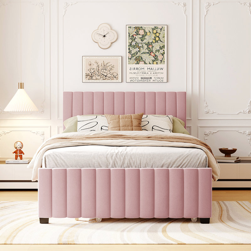 Lit plateforme tapissier en velours avec lit gigogne simple, rose