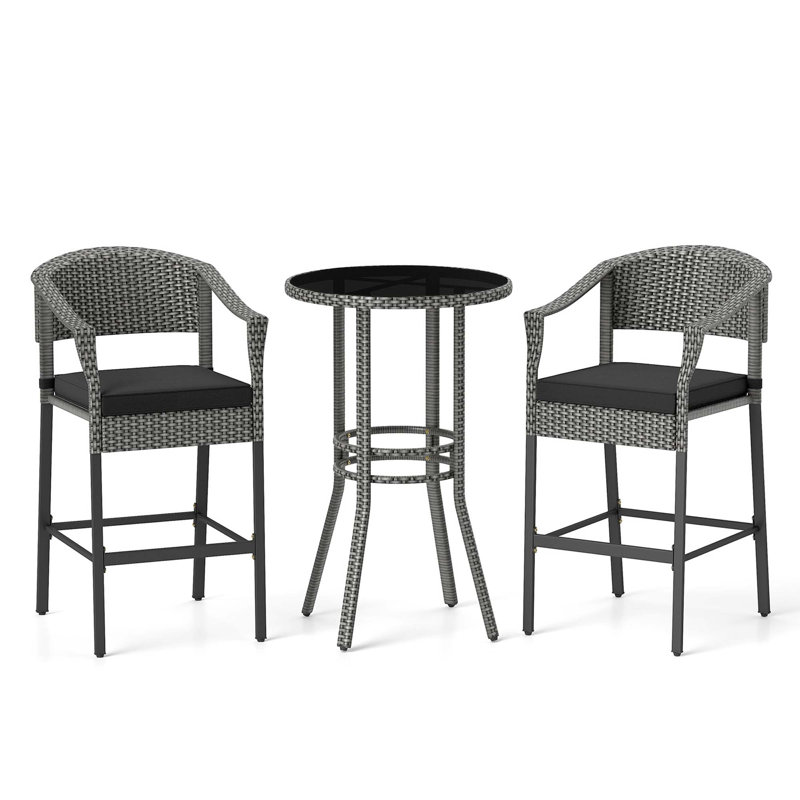 3-piece Patio Rattan Bar Set Wicker Bar Height Armchairs & Round Table 