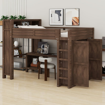 Lit mezzanine en bois tout-en-un avec bureau, armoire, tête de lit et prises USB