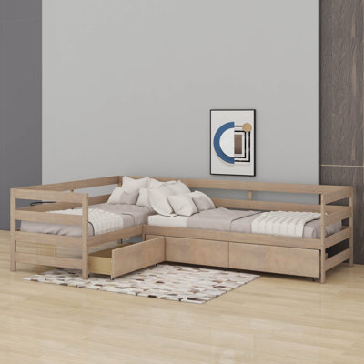 Lit plateforme simple en forme de L avec trois tiroirs de rangement