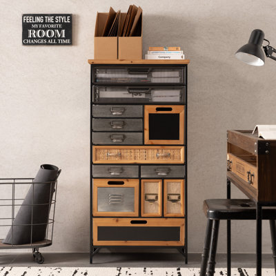 Industrial Farmhouse Tall Storage Cabinet, Wood Metal Vertical Chest of Multi Drawer for Office Bedroom Entryway, 44” H x 22” W x 13” D