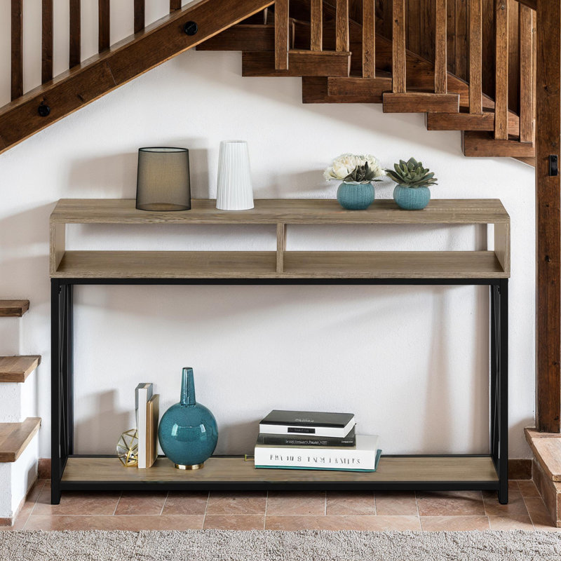 Console en métal à structure en X avec tablettes ouvertes, Brun