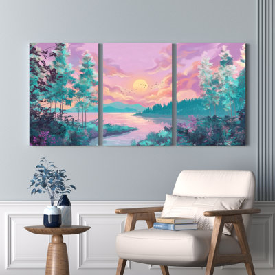 Ensemble de 3 toiles murales représentant un paysage de coucher de soleil dans une forêt fantastique, idéales pour la décoration du salon, de la chambre et de la maison.