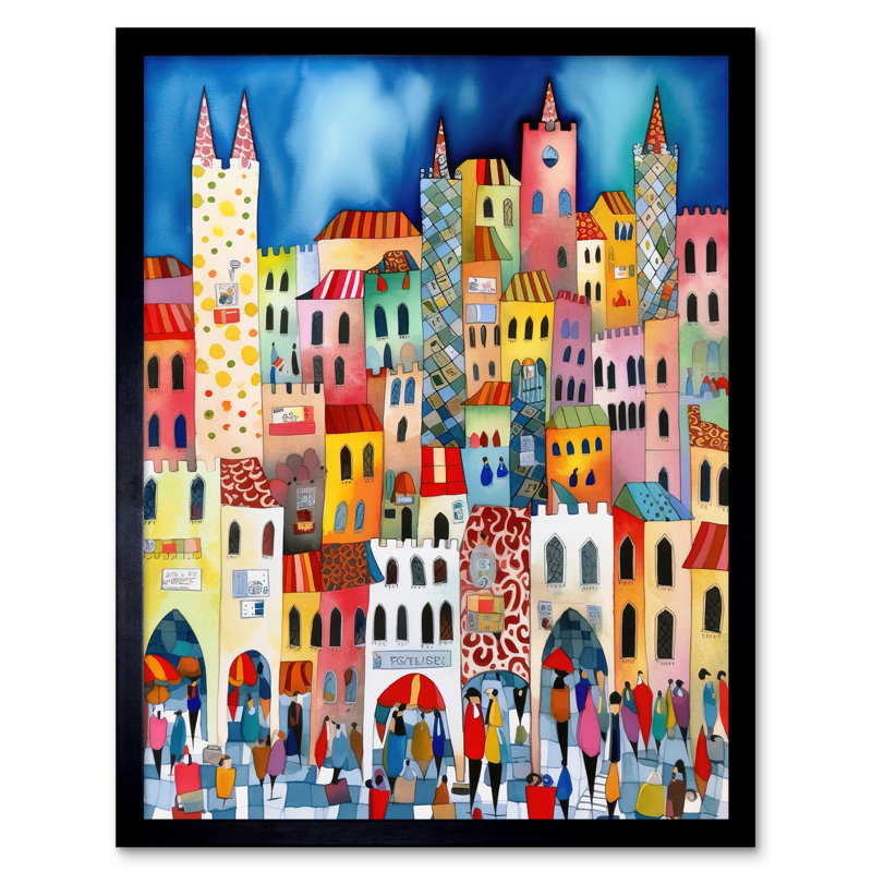 Busy Street Vertical Cityscape Folk Art Watercolour Painting Art Print Framed Poster Wall Decor 12x16 inch