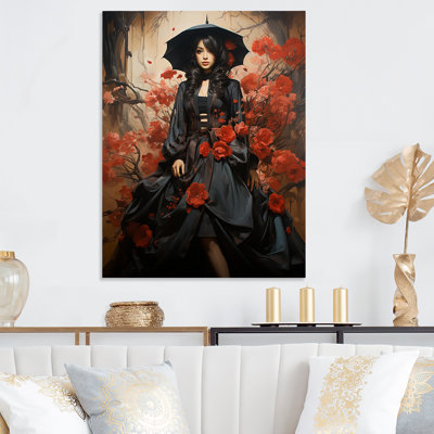 Rouge et noir femme victorienne avec parapluie II - art mural en métal femme victorienne