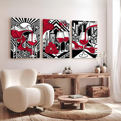 Red Wine And Roses Art Deco Pattern Canvas Wrapped Wall Art Set Of 3 For Living Room Bedroom Or Kitchen Decor
