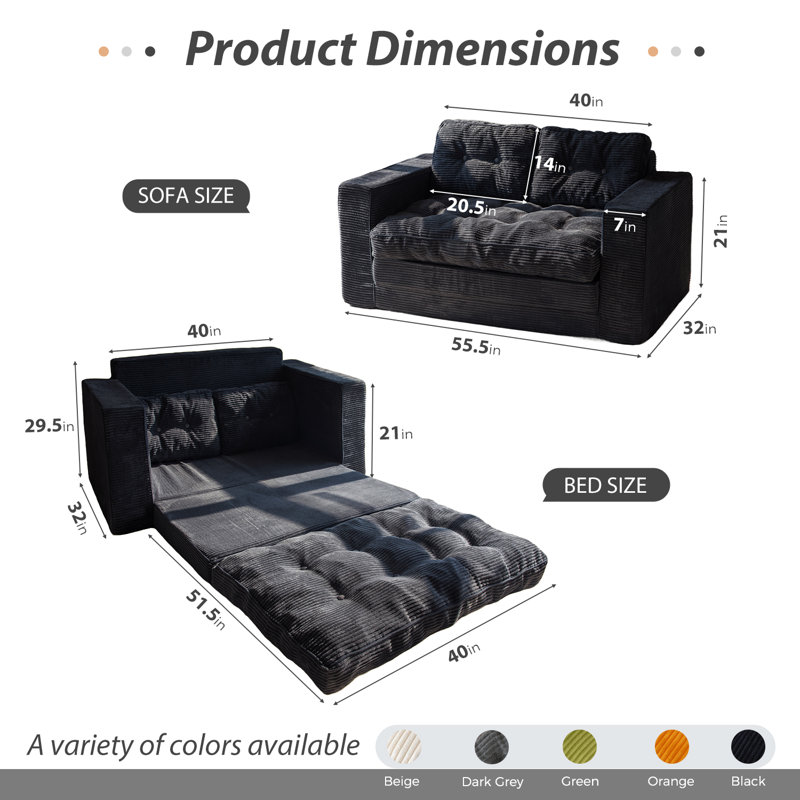 Bean Bag sofa,Floor Sofa Bed Loveseat, Black Corduroy, 29.5" H x 55.5" W x 32" D