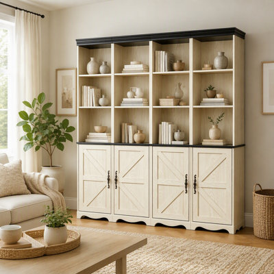Armoire de rangement combinée 4-en-1, bibliothèque en panneau de fibres à densité moyenne à grain de bois 3D, casiers de présentation ouverts et armoires fermées avec tablette réglable, bibliothèque à combinaison libre pour le bureau d'étude de salon