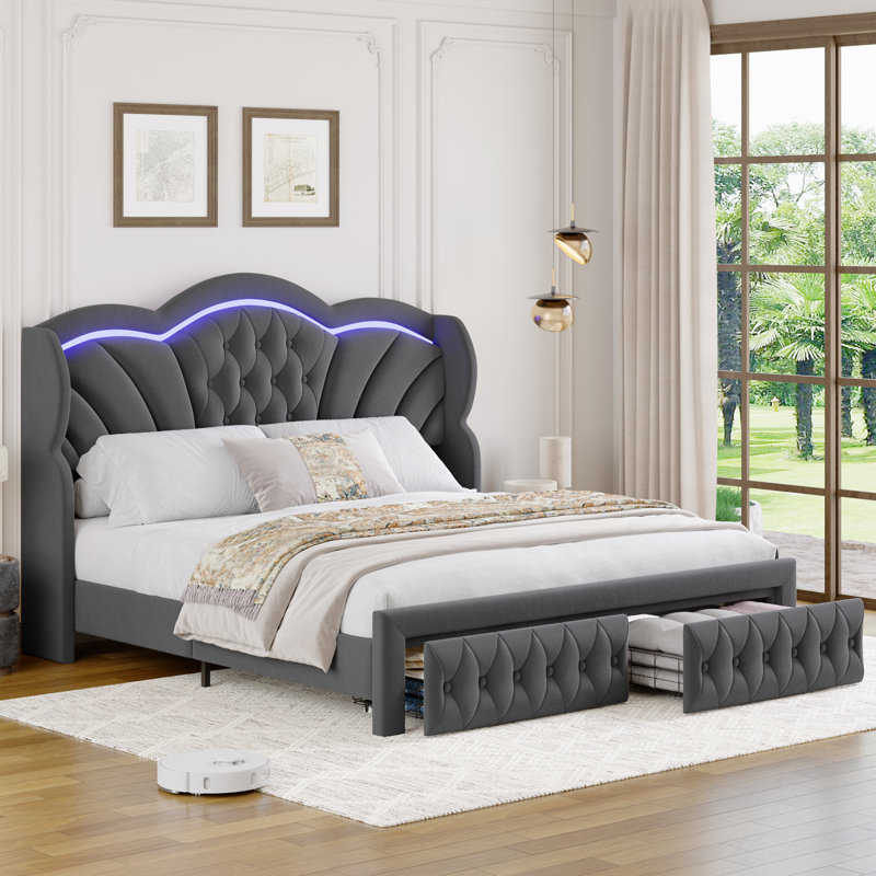 Lit rembourré en velours avec rangement Mouad, Gris, Double