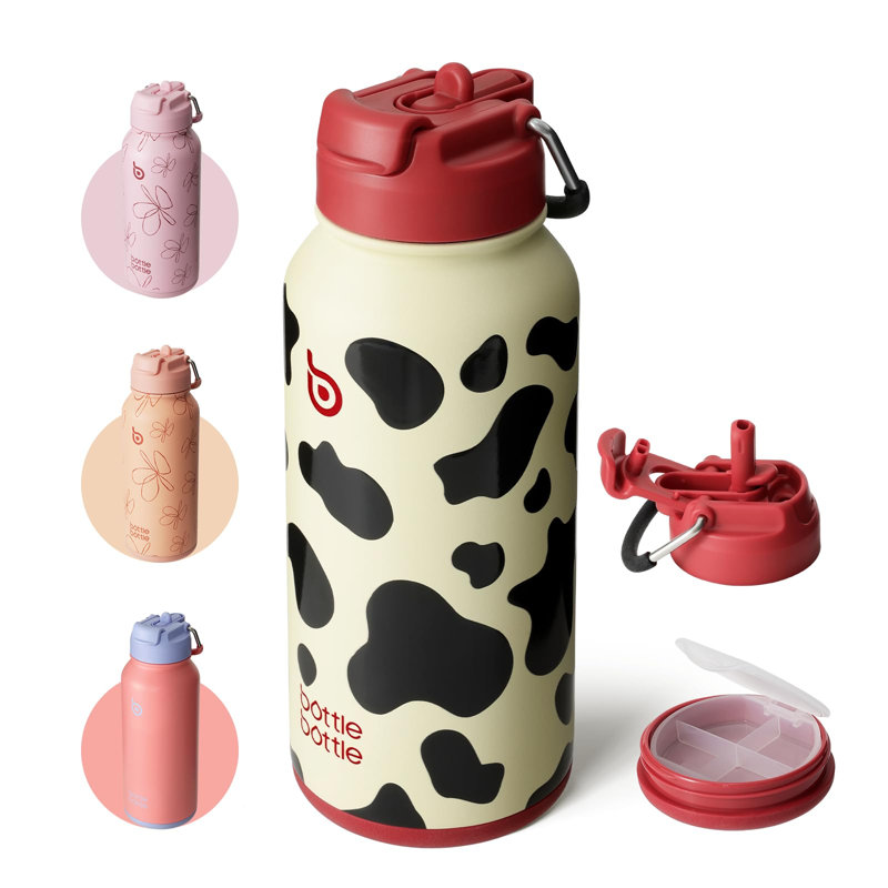 Bouteille d'eau isotherme pour bouteille de sport en acier inoxydable avec couvercle en paille à double usage 32 oz., Vache