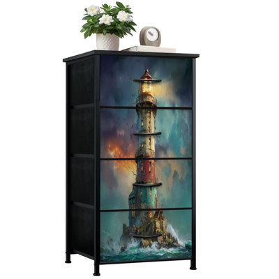 Commode pour chambre à coucher avec 4 tiroirs de rangement Stormy Lighthouse Rocky Coast Dramatic Skies