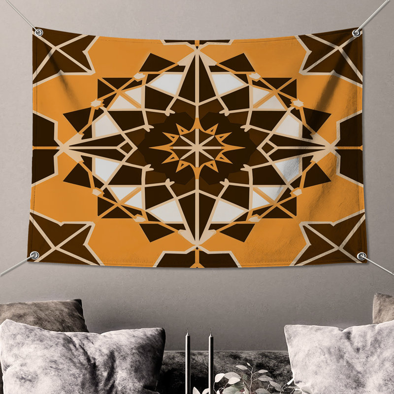 Tapisserie murale mandala orange et brun - décoration murale Mandala, H 104 po x 88 avec 4 œillets