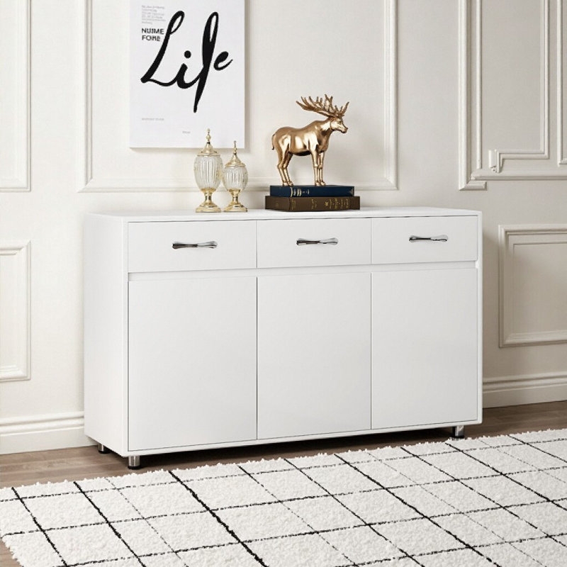 Montelle White Three Doors Buffet Side Table - Versatile Storage Cabinet, White