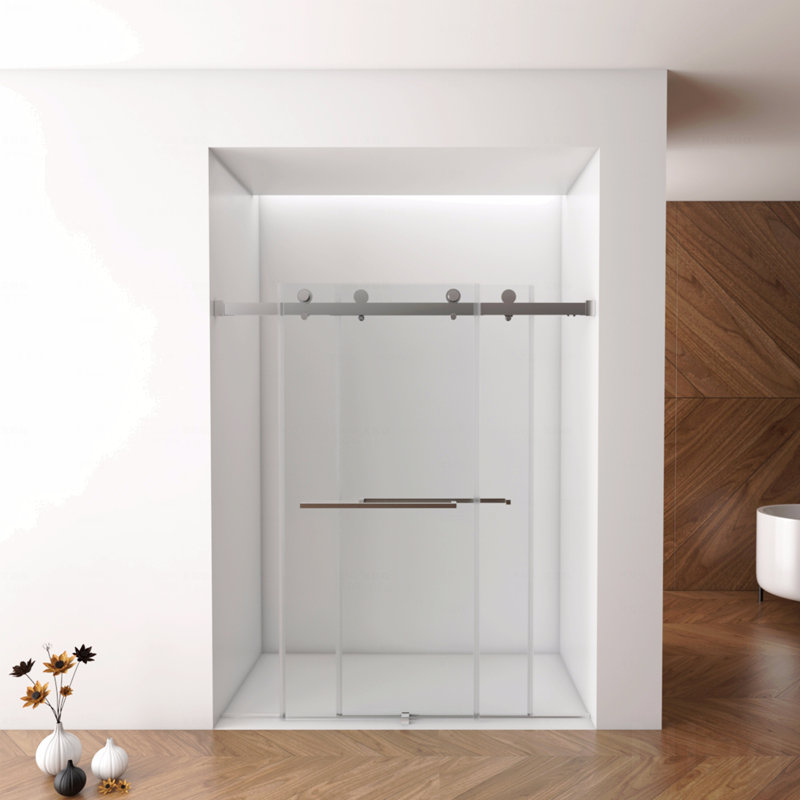 56"-60"W X 76"H Frameless Design Shower Door  - Double Sliding Opening Shower Door  - 3/8'' (10Mm) Clear Tempered Glass Shower Enclosure Door With Square Rail,Double Side Easy Clean Coat