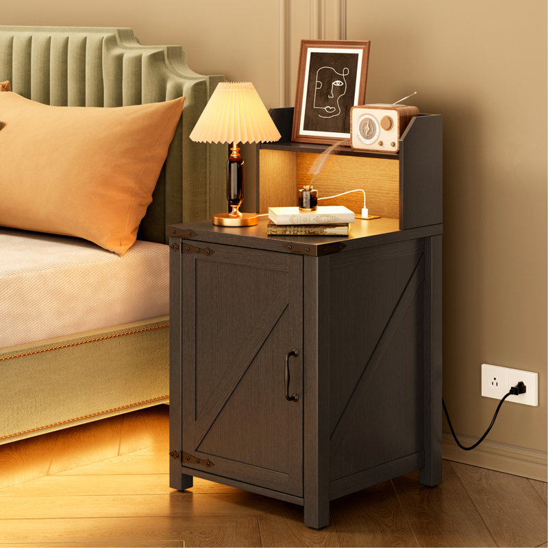 OKD Nightstand With Charging Station, 18 Inch Farmhouse End Table With Barn Door And Adjustable Storage Shelf, Rustic Wood Sofa Side Table W/Magnetic Door For Living Room, Bedroom, Antique Black