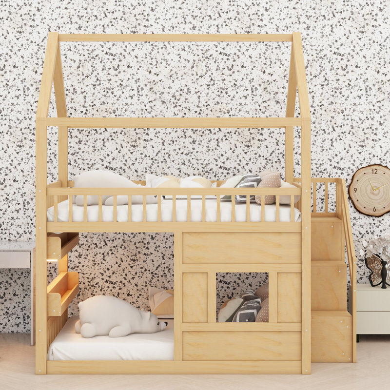 Structure de lit en bois de style maison de jeu avec tablette DEL pour enfants, Naturel